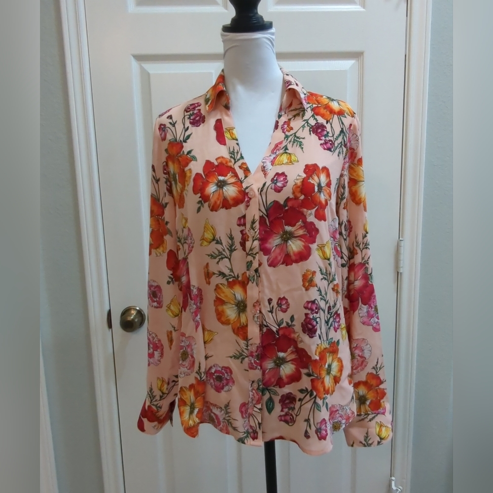 Express The Portofino Shirt Pink Floral Button Long Sleeve Blouse Small Slim Fit